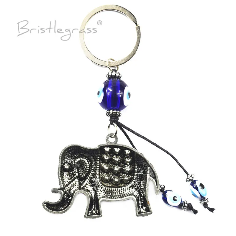 BRISTLEGRASS Turkish Blue Evil Eye Rhinestone Elephants Keychain Key Chain Ring Holder Amulets Lucky Charm Blessing Pendant Gift