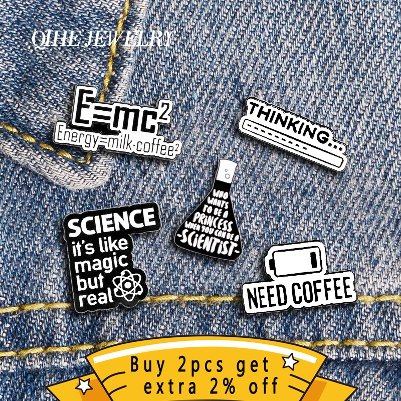 QIHE JEWELRY Science and Coffee Fun Enamel Brooches Black White Cute Metal Pins Badges Backpacks Pins Fashion Gifts For Friends