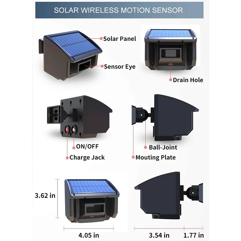 Extra Solar Wireless Motion Sensor/Detector - 400 Meters Wireless Transmission Range - 15 Meters Sensor Detection Range