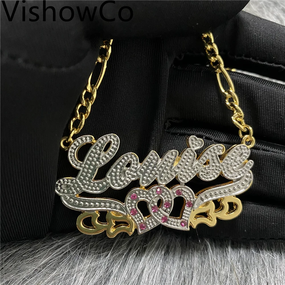 

VishowCo Personalized Name Necklace Double Gold Plated Nameplate Custom Necklace 3D Zircon Customized Necklaces Hip Pop Jewelry