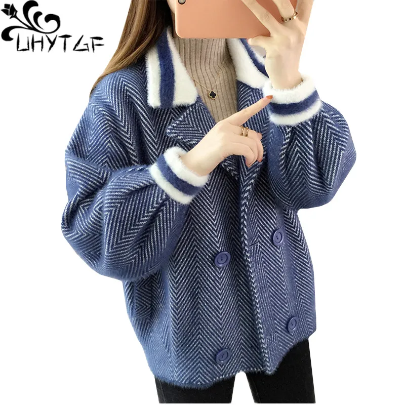 

UHYTGF Sweater Women Imitation Mink Fleece Knitted Cardigan Autumn Jacket Female Double Breasted Casual Student Short Coat 1098