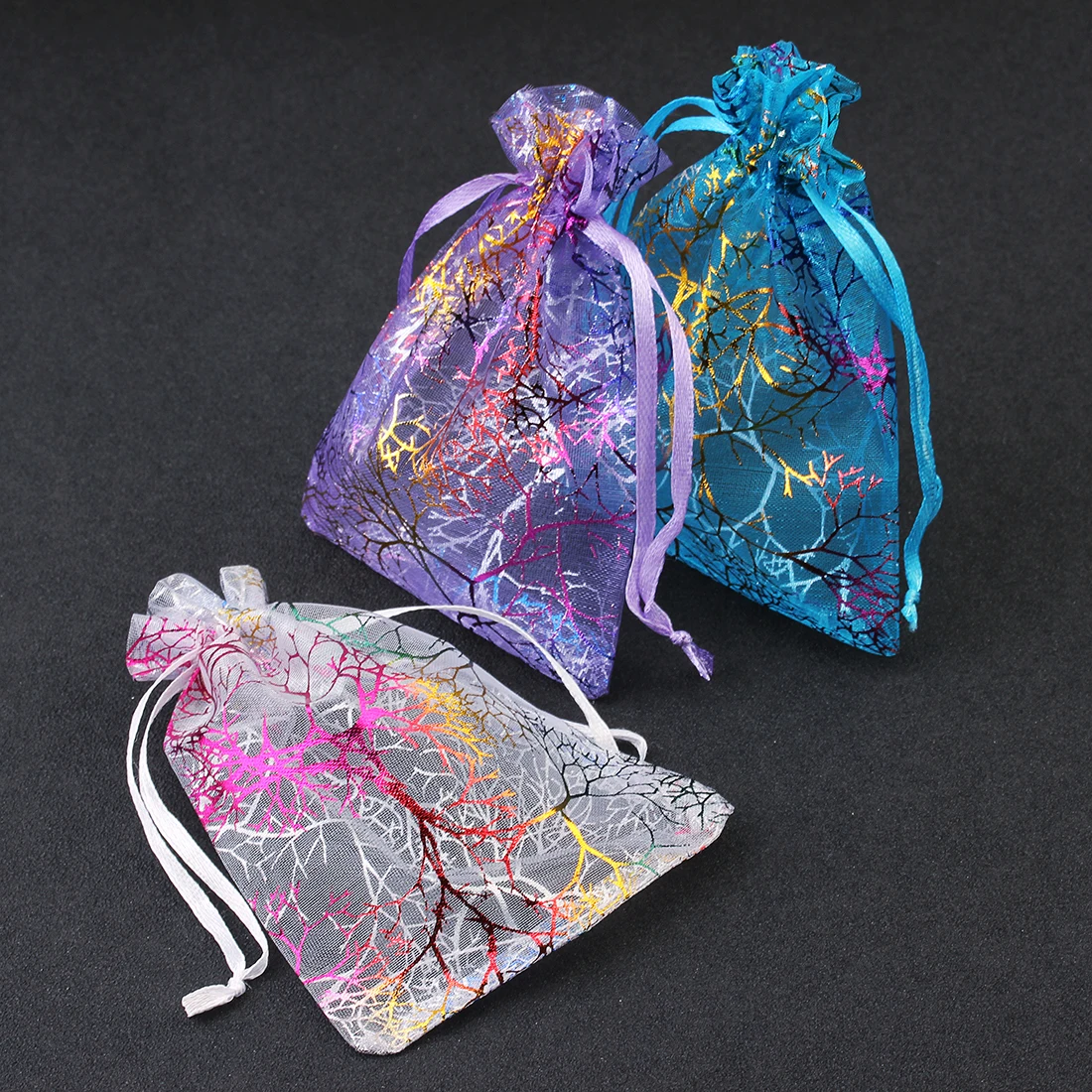 25pcs 7x9 9x12 10x15cm Colorful Organza Bags Coral Shape Jewelry Packaging Bags Wedding Favor Gift Bags Drawstring Pouches