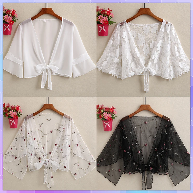 Sexy Floral Bikini Swimsuit Cover Up Summer Lady Beach Cover Up Strap Skirt Shawl Sun-Proof Cardigan Jacket Thin Lace Crop Top