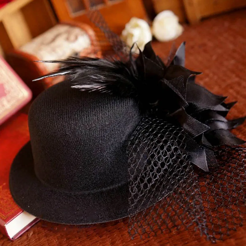 Gothic lolita headdress black flower feather small top hat hairpin side clip hair Punk accessories