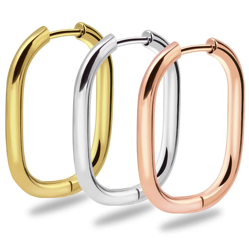 Simple Design Stainless Steel Gold/Silver/Rose Gold Color Rectangular Geometric U Shape Hoop Earrings For Women Jewelry Gift