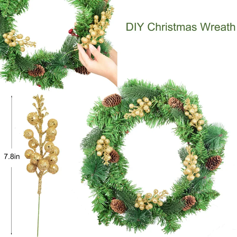 15pc Christmas Decorations 2022 Flash Flowers Christmas Berry Ornament DIY Wreath Crafts Gift Fireplace for Holiday Home Decor