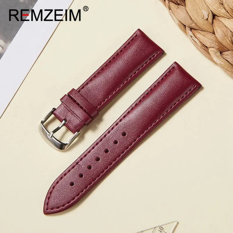 Universal Smooth Genuine Leather Watchband 14mm-22mm Pink/Blue/Brown/Purple/Black/White Breathable Calfskin Strap Quartz Watch