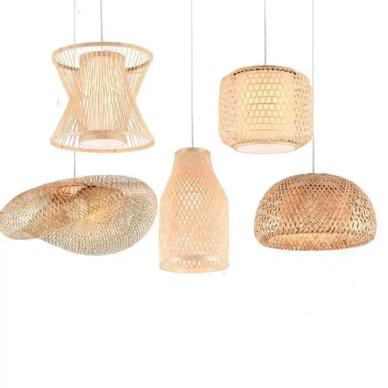 Bamboo Wicker Rattan Wave Shade Pendant Light Fixture Rustic Vintage Japanese Lamp Suspension Home Indoor Dining Table Room