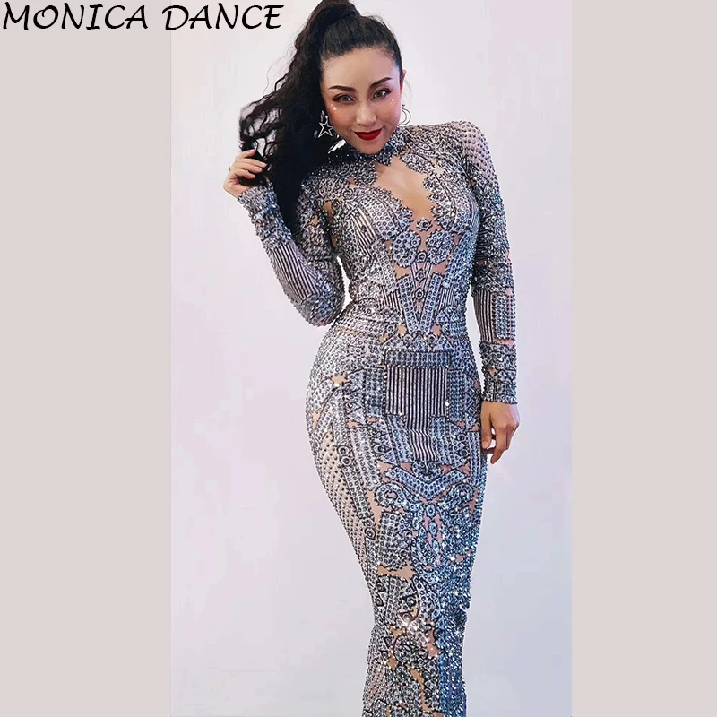 

Women Sexy Stage Silver Rhinestones Spandex Dress Women's Birthday Celebrate Outfit Dancer Wear Bar Prom Singer Long Dress