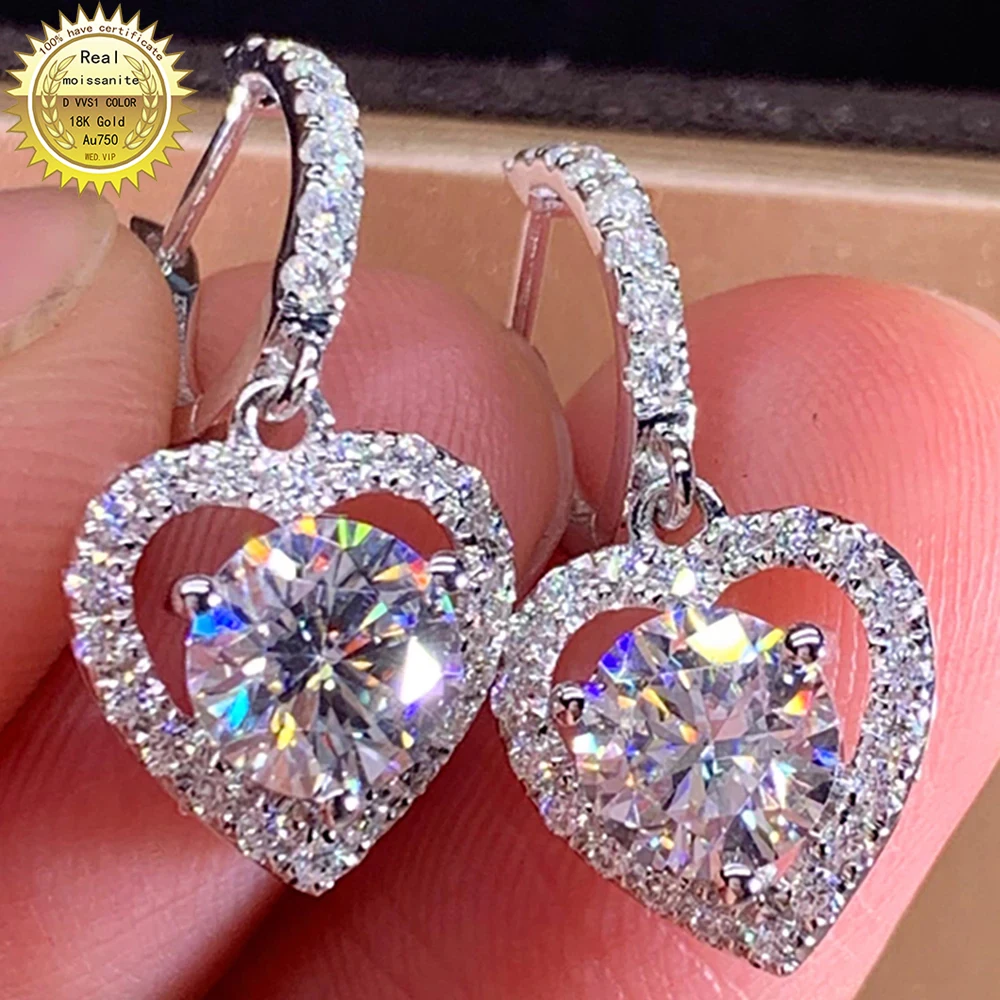 

18K White Gold Women Drop Clip Hoop Earrings U Moissanite Diamonds 0.5 1 2 3 Ct Heart Round Wedding Party Engagement Anniversary