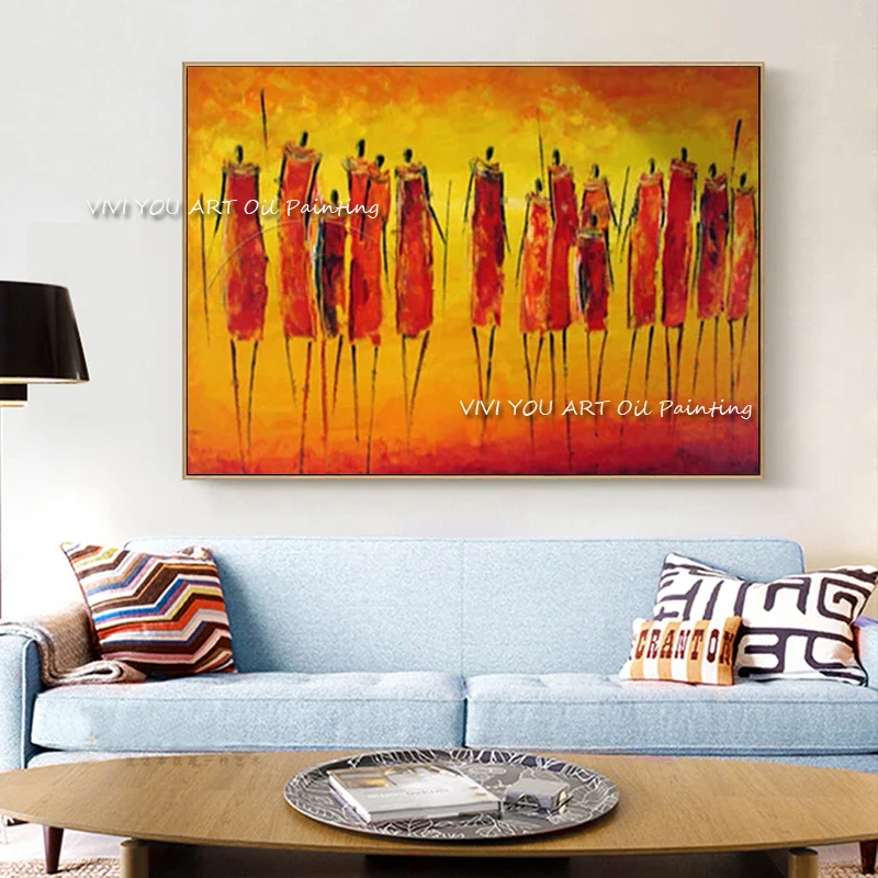 Many People Orange Yellow Red Modern Handpainted Abstrat Oil Painting On Canvas Home Decor Wall Art Picture For Living Room