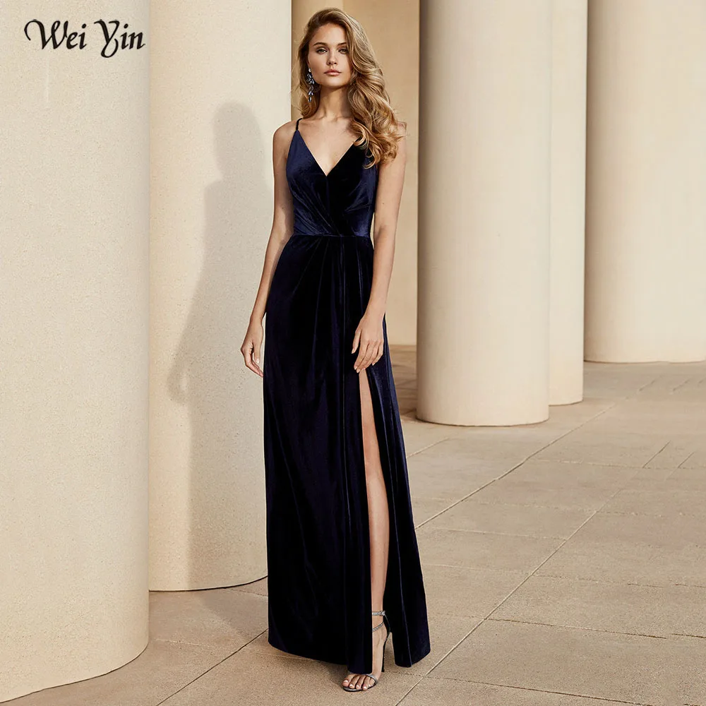 

Weiyin AE0587 Beach Evening Dress Long Elegant Velour Prom Dress V Neckline Party Gowns Vintage Special Occasion Gowns