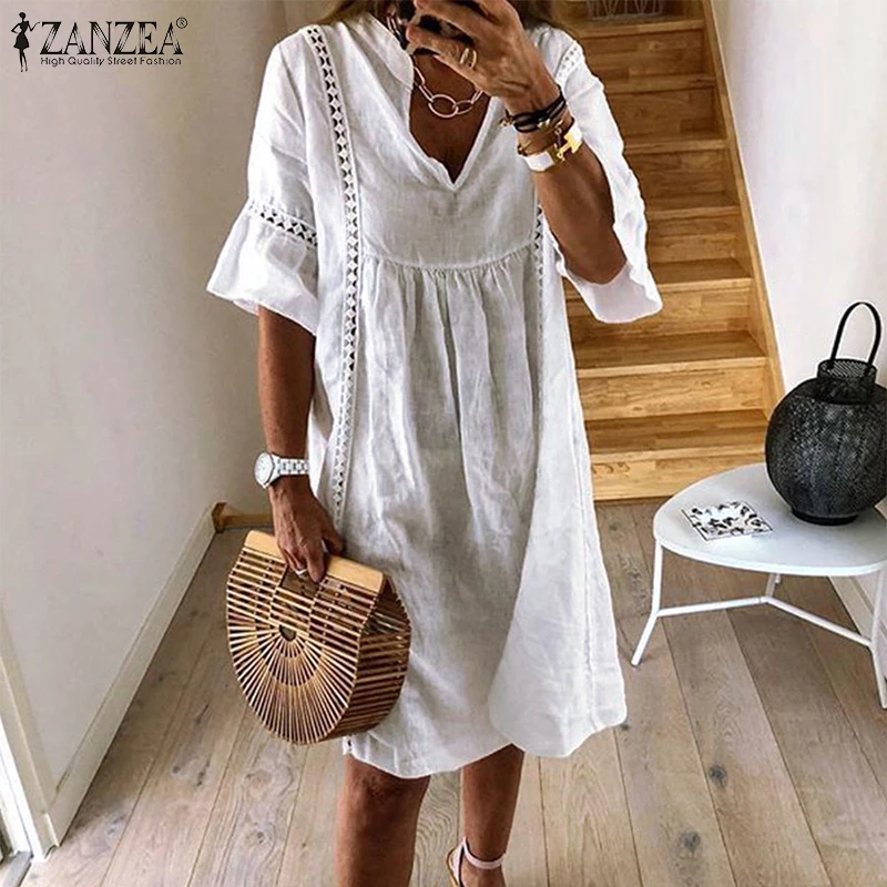 ZANZEA Summer Bohemian Lace Dress 2023 Women\'s V Neck Flare Sleeve Sundress Female Hollow Patchwork Robe Femme Tunic Vestidos