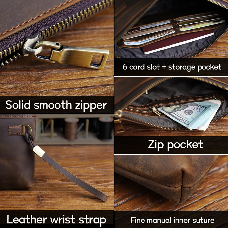 Handmade Genuine Leather Men Clutch Wallet Vintage Large Capacity Long Wallets For Male Portable Organizer Handbag Hand Bag Tote