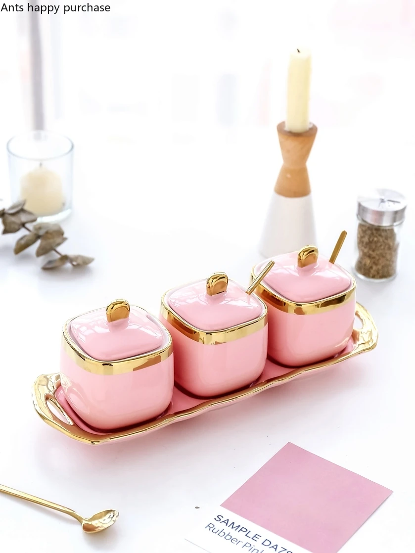 Nordic Light Pink Golden Rim Ceramics Sugar Bowl Salt Shaker Seasoning Tank Castor Seasoning Bowl Three-piece Suit Ceramic Jar