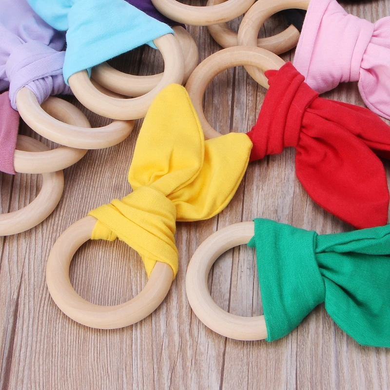 Bunny Ear Teether Fabric Wooden Teething Ring With Crinkle Material Shower Gift