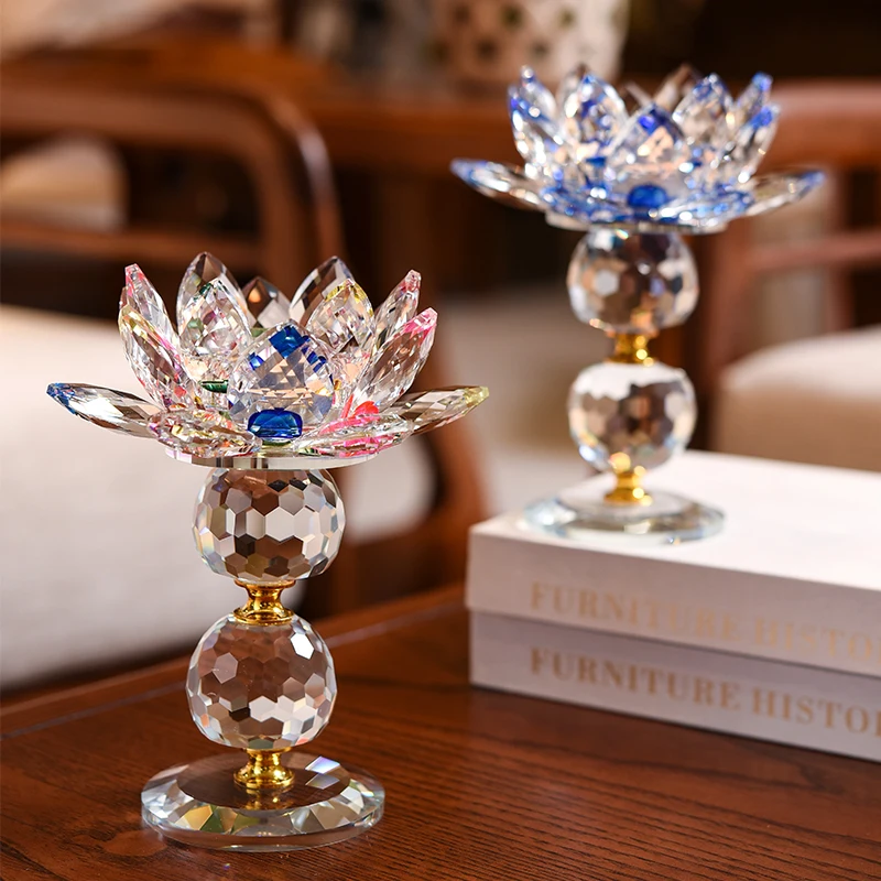 Crystal Lotus Lamp, Feng Shui Candle Holder, Long Bright Candlestick, Buddhist Articles, Center Table, Living Room, Home Decor