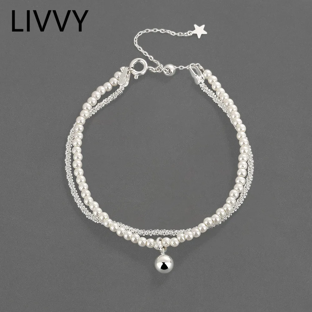 LIVVYSilver Color Net Red Simple Double Layer Imitation Pearl Ball Bead Pendant Bracelet Fashionable Female Jewelry Accessories