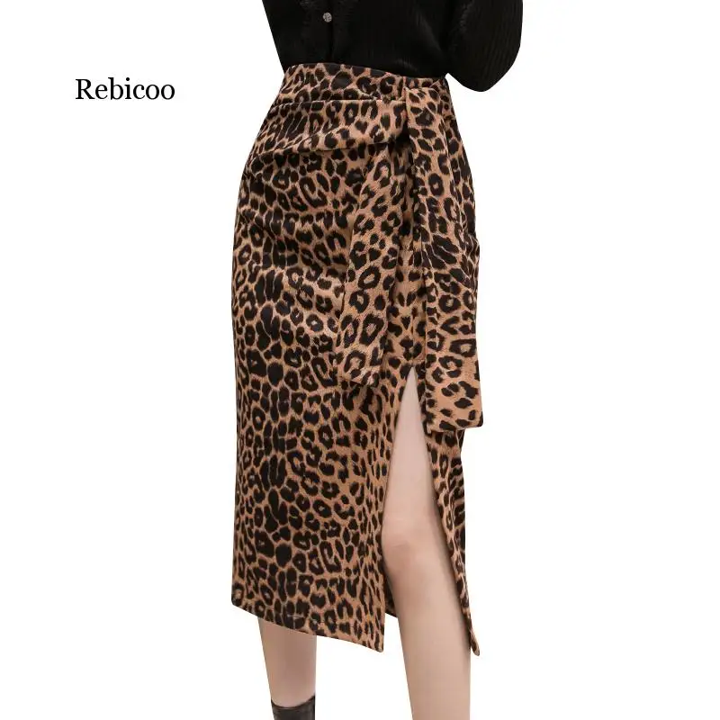 

Autumn Leopard Print Suede Skirts Womens Bandage High Waist Split Evening Party Skirt OL Office Work Ladies Dot faldas saia