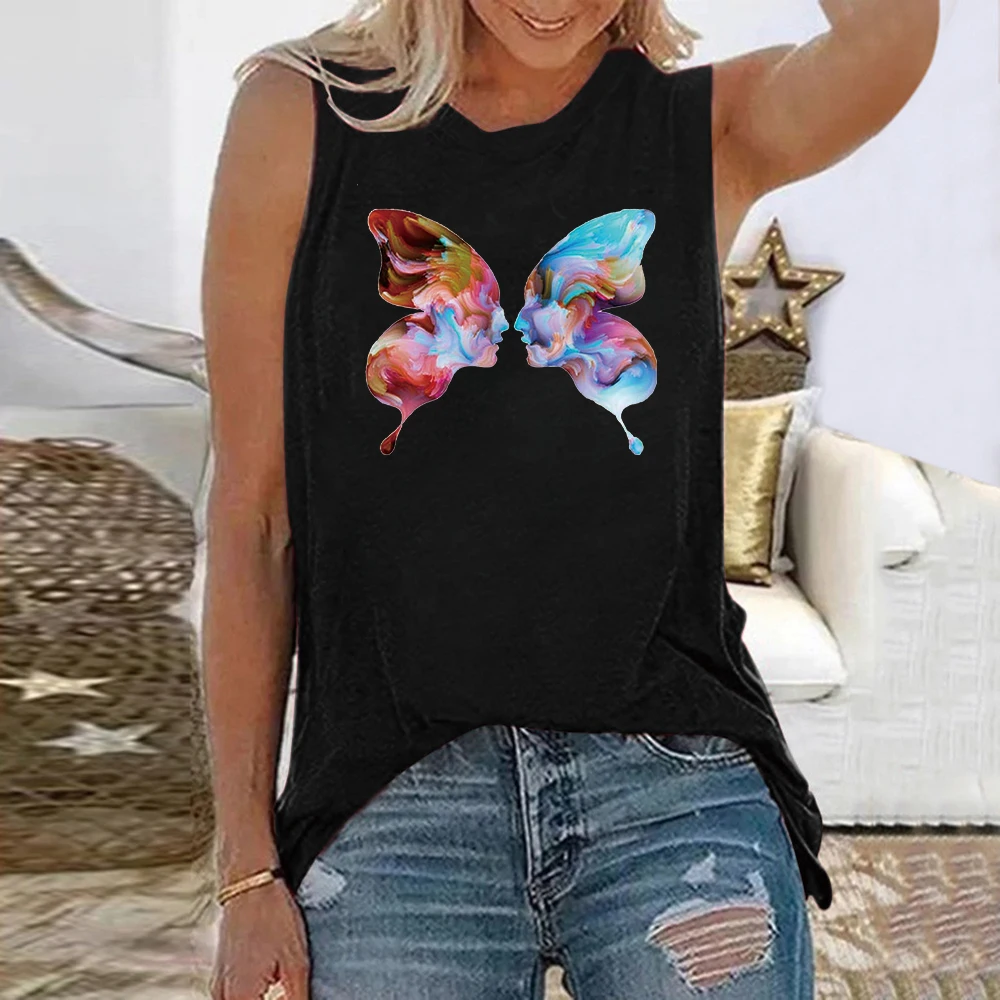 

Seeyoushy Artistic Butterfly Print Funny Women Tshirt Sleeveless Summer Casual Tee Shirt Fashion Loose Sports Fitness Vest Tops