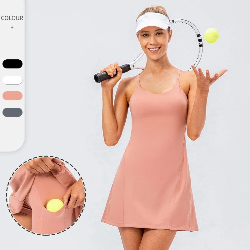 Women Sport Tennis Skirts Suit Skin One Piece Sling Golf Skirt Short Pocket Anti-glare One-piece Fitness Suit Quick Dry Athletic