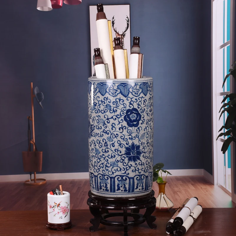 Antique Cracked Blue and White Porcelain Quiver Painting and Calligraphy Cylinder Scroll Cylinder Umbrella Bucket Living Room