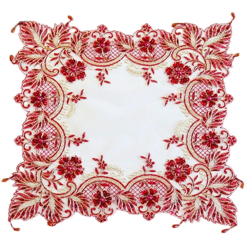 European Lace Embroidery Beaded Wine Red Festive Table Mat Coaster Fruit Plate Dessert Cover Birthday Wedding Party Decoration