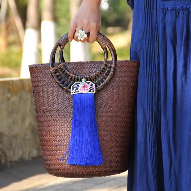 22x28CM Thailand Straw Bag Rattan Bag Hand-woven Women Bucket Bag Retro Art Handbag a6101