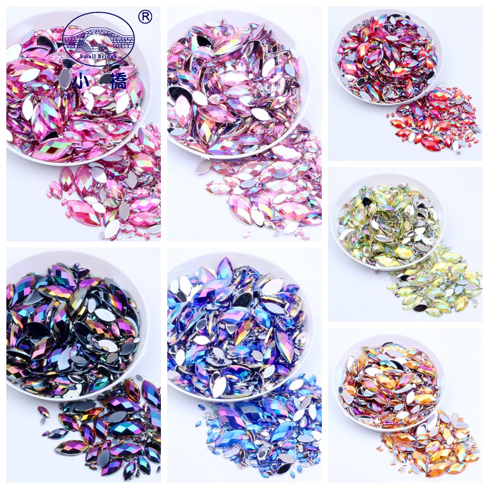 500PCS Glitter Flatback Glue On Acrylic Rhinestones  AB Color 3D Nail Art Strass Loose Decorative Horse Eye Rhinestones S031