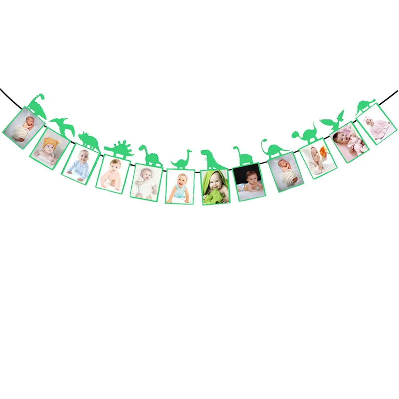 1Set Dinosaur Photo Banner Balloon Happy Birthday Cake Topper 12 Month Banner Party Baby Shower First Birthday Decoration