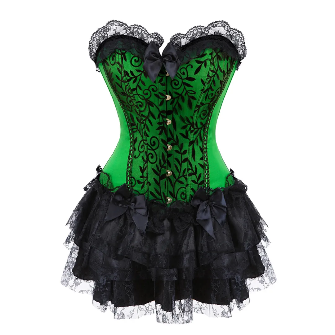 Lace overlay Evening Casual Corset Dress Sexy Women\'s green Lingerie and black Lace Mini Skirt Showgirl Dance S-2XL