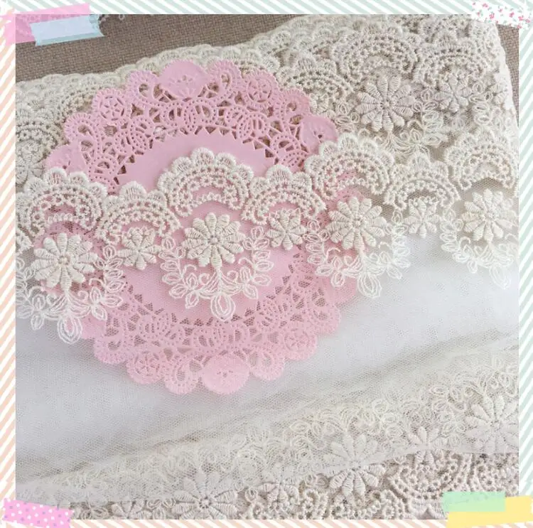 2 Meters Lace Trim Beige Cotton Flowers Embroidered Tulle Lace Fabric 13cm Width Doll Dress Underwear Costume DIY Craft Supplies