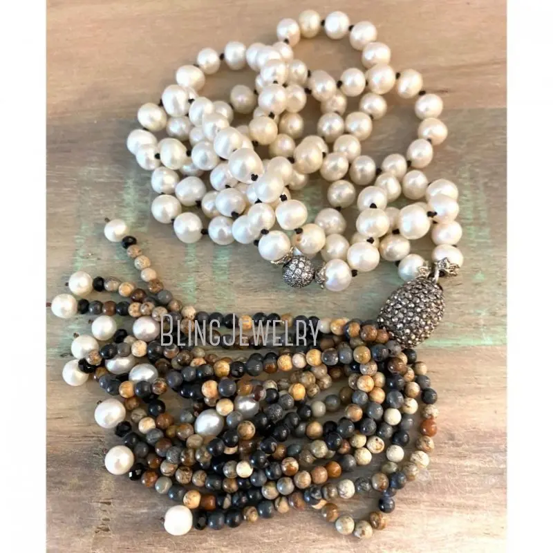 NM33924 Hand Knot Freshwater Pearl Bead Necklace for Women Fringe Tassel  Statement Jewelry Designer