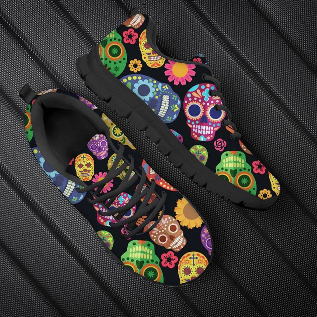 WHEREISART Classic Sugar Skull Printed Men Flats Sneakers Plus Size 48 Brand Design Spring Autumn Lace Up Walking Shoes Dropship