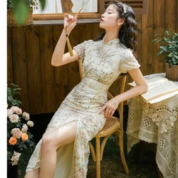 Cheongsam Qipao çin geleneksel elbise nakış Retro geliştirilmiş Cheongsams oryantal parti yaz çiçekli elbiseler kadınlar için
