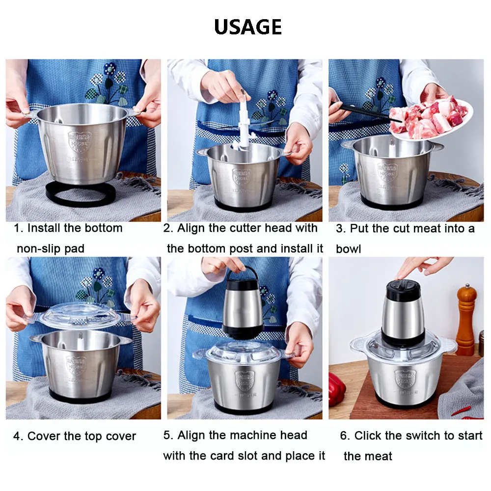 2 Speeds 200W Stainless Steel 2L Capacity Electric Chopper Meat Grinder Food Processor Slicer Household Mincer Food Chopper