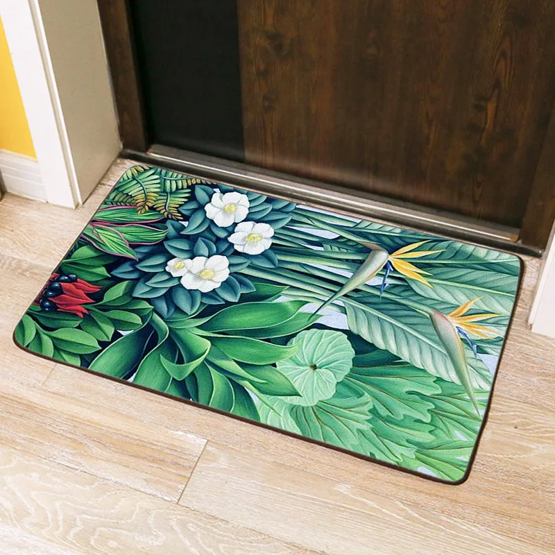 Green Jungle Flower Grass Mat Dust-proof Doormat Animals Vegetation Flowers Living Room Rectangle Carpet Tropical Plant Style