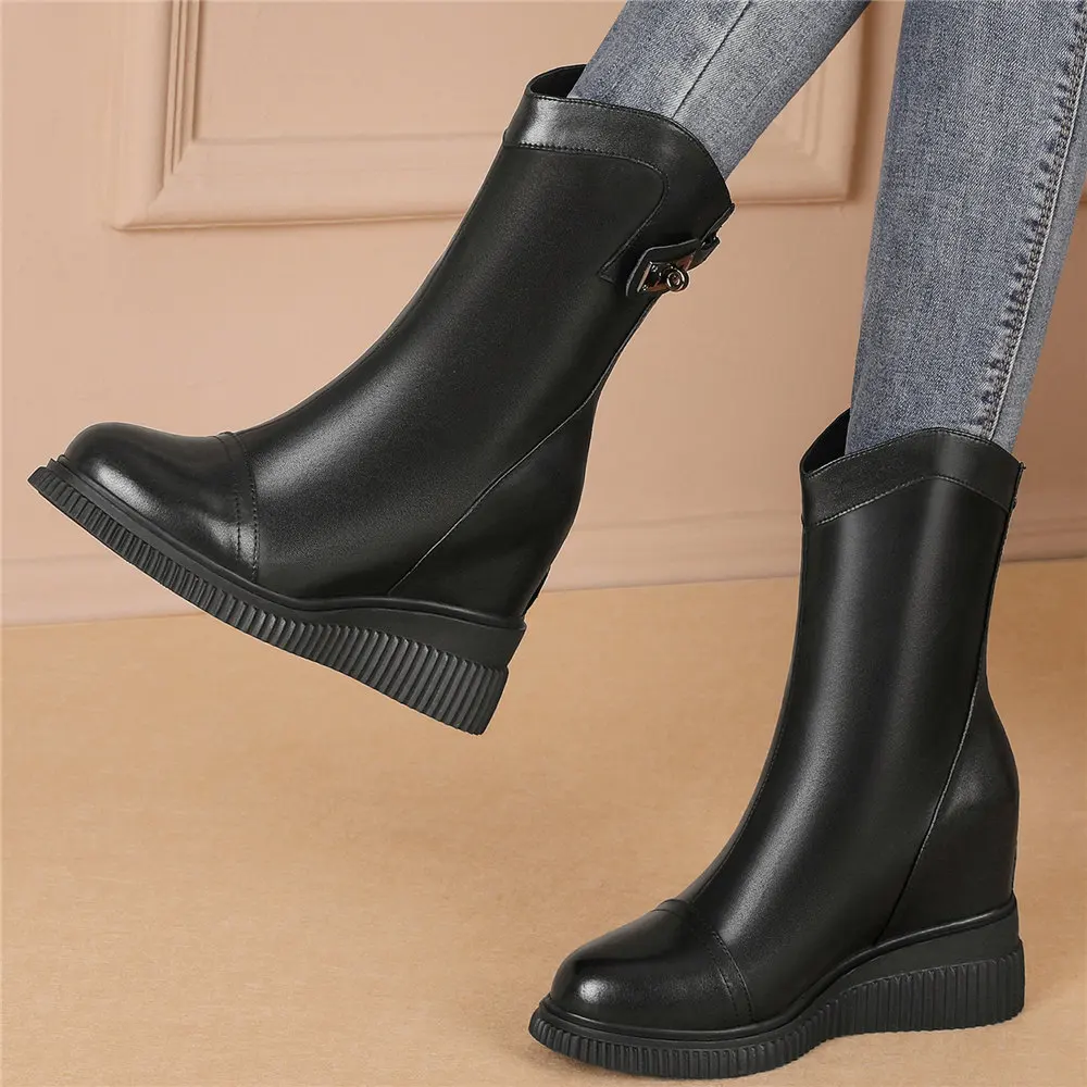 

Increasing Height Women's Genuine Cow Leather Round Toe Platform Wedge Ankle Boots Military Riding Oxfords Party Pumps