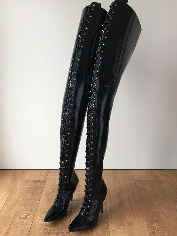 Kruis Harde Schacht Lace Up Laarzen Lakleer Kruis Gebonden Stiletto Hakken Zwart Wees Teen As Runway Schoenen Vrouwen Winter