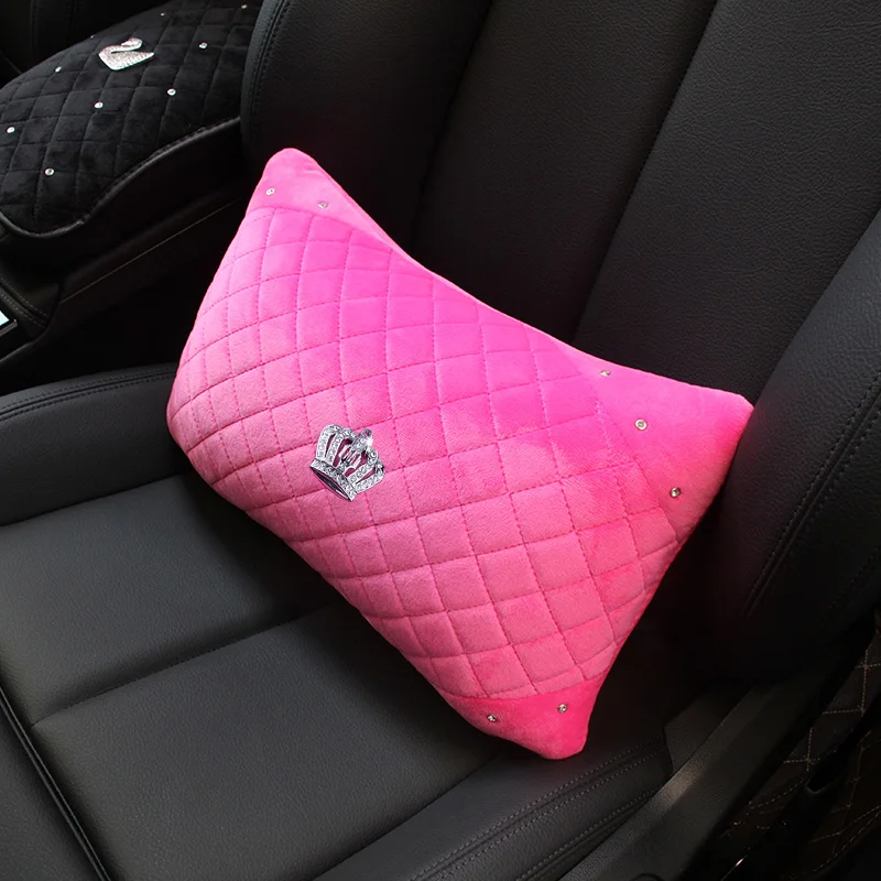 Women Pink Plush Car Neck Pillow Crystal Crown Auto Interior Headrest Seat Support Bone-Shaped Waist Pillows Car Accessories