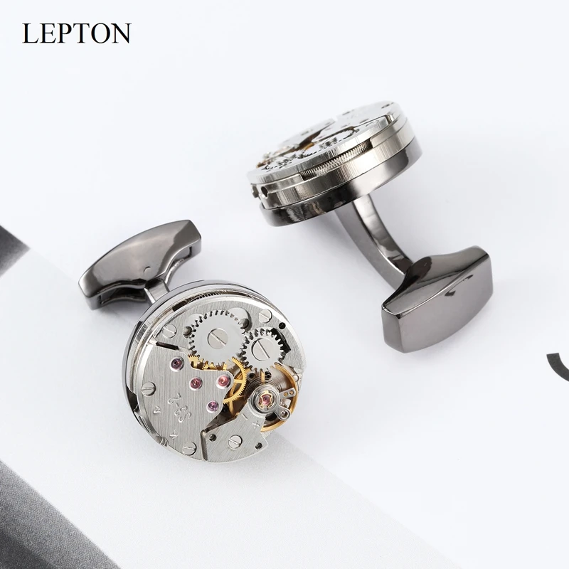 Lepton Non-Functional  Watch Movement Design Cufflinks With Gift Box Steampunk Gear Watch Mechanism Cuff links for Mens Wedding