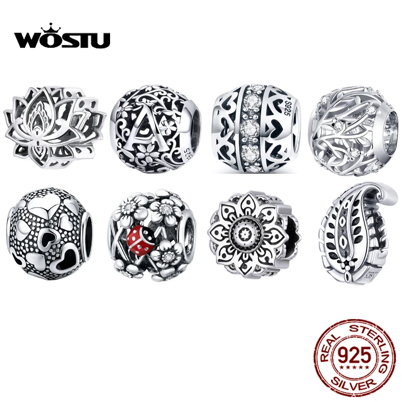 WOSTU 925 Sterling Silver Retro Pattern Beads Charms Dangle Pendant Fit Orginal Bracelets For Women Fashion Jewelry DIY Gift