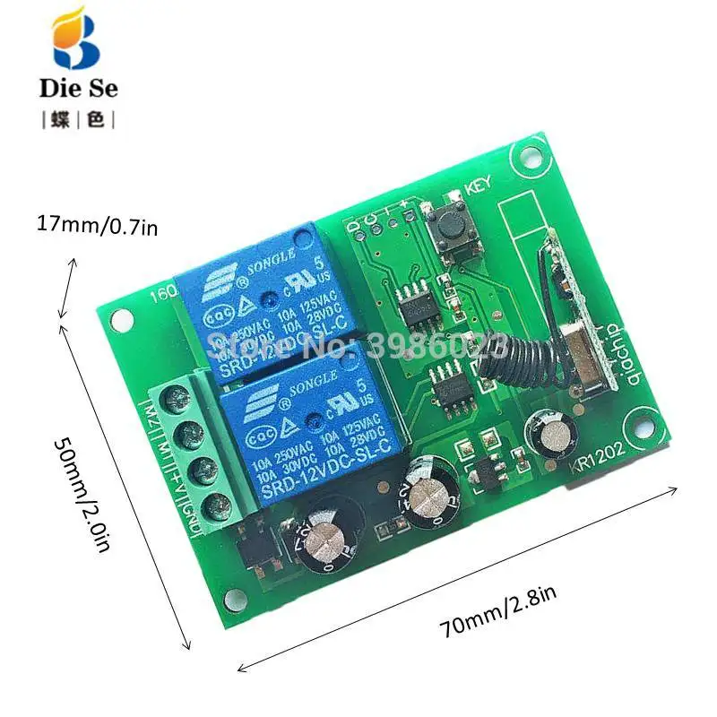 433MHz Remote Control Switch DC 12V 2CH Relay Receiver Module RF For Electric Motor Positive and negative current control