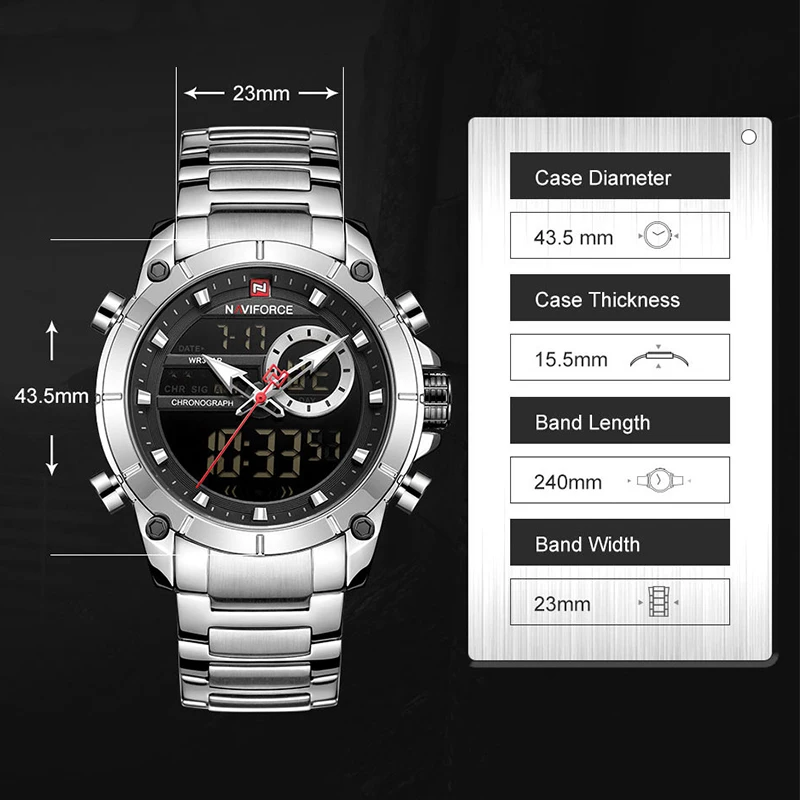 NAVIFORCE 9163 New Watches for Men Luxury Sports Quartz Wrist Watch Male Stainless Steel Waterproof Dual Display Digital Clock