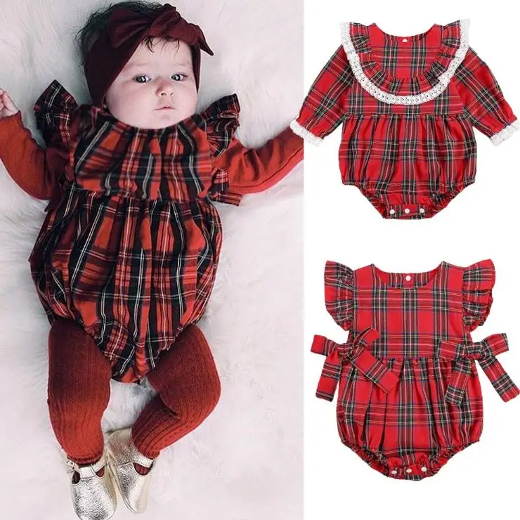 Baby Girl Christmas Bodysuits Long Sleeve Red Plaid Ruffle Lace Bodysuits Jumpsuit Xams Baby Clothes