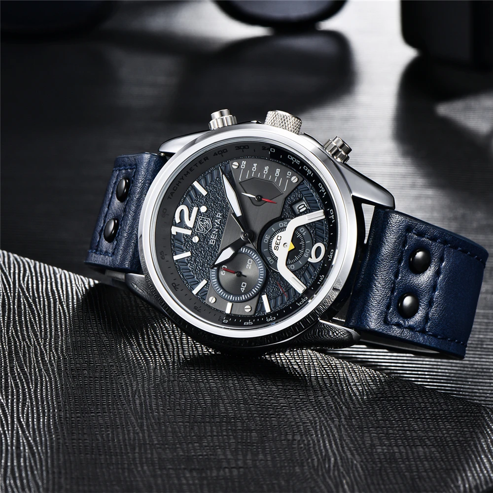 2023 New BENYAR Top Brand 42mm Men Quartz Watches Men\'s Pilot Waterproof Leather Watch Men Sport Chronograph Reloj Hombre