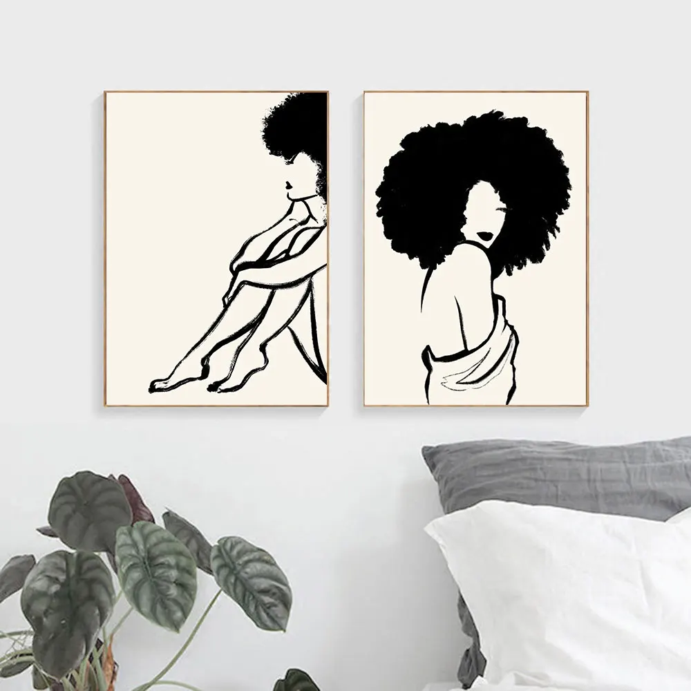 Nude Line Art Print Wall Art Black Woman Female Figure Minimalist Drawing Woman With Afro Feminist Natural Hair Canvas Painting