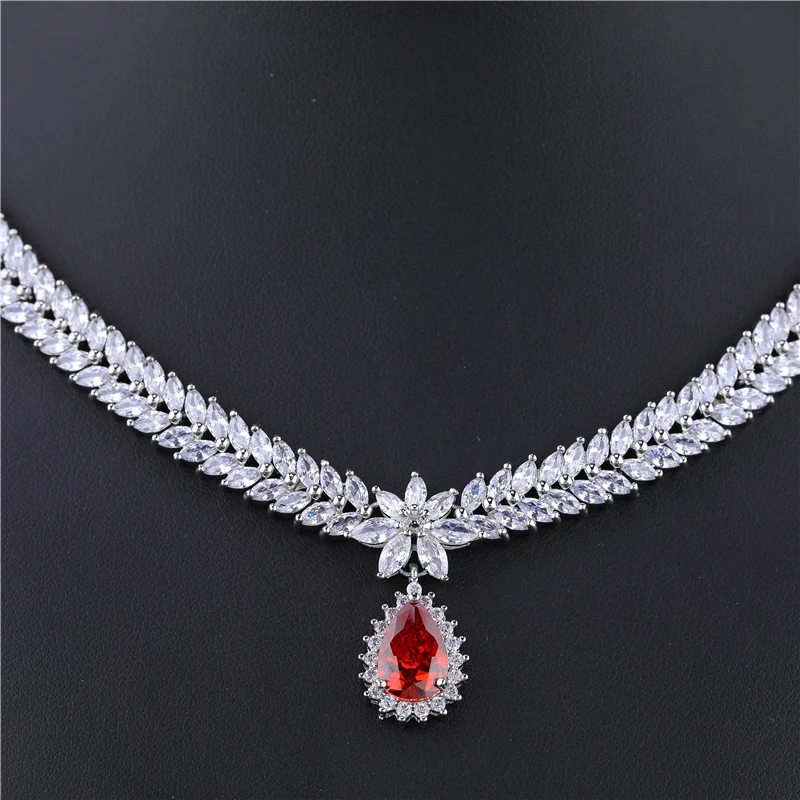 HUAMI Red Pendant Necklace Water Drop Earrings Sets Jewelry Making Accessories For Women Luxury Wedding Earring Bijoux
