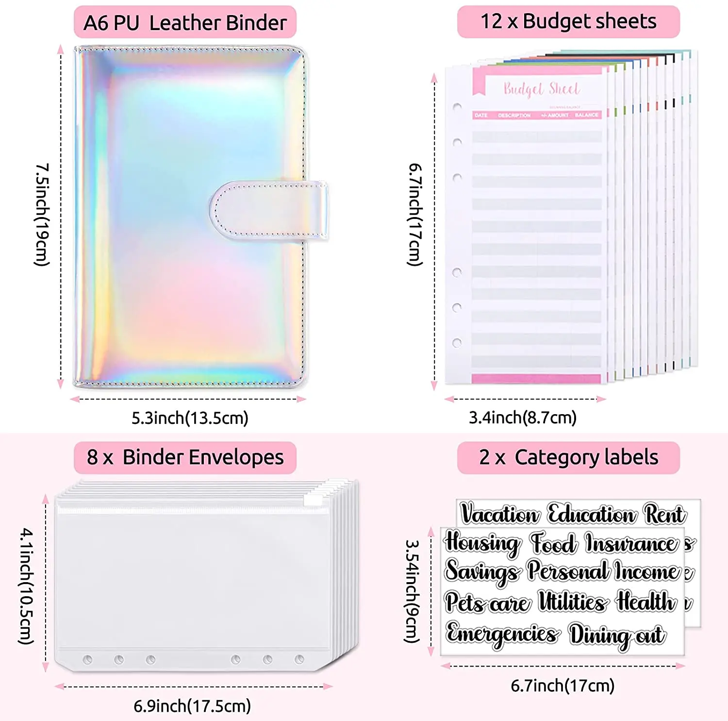 A6 Budget Binder Noteboook with Cash Envelopes System,Expense Budget Sheets,Category Stickers,for Budgeting and Saving Money