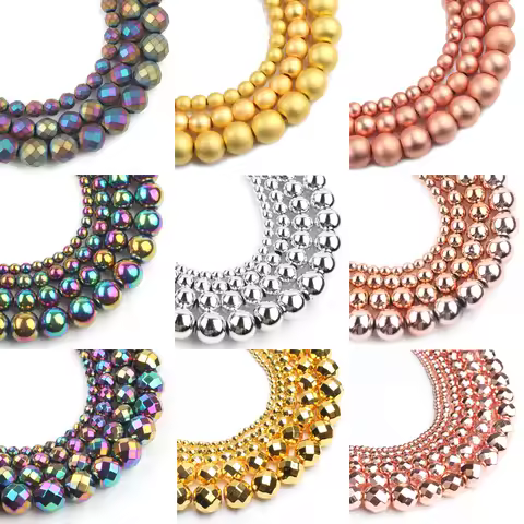 Natural Stones Rhodium Rose Gold Plated Hematite Round Loose Mineral Beads for Bracelet DIY Jewelry Making 15inch 2/3/4/6/8/10mm